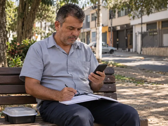 Homem de uniforme estudando pelo celular num banco de praça, na hora do almoço, com um caderno no colo