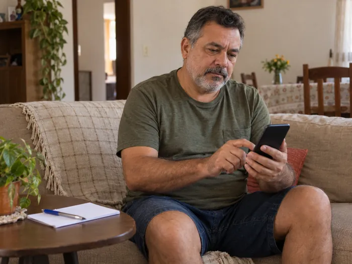 Homem sentado no sofá da sala criando um lembrete no celular
