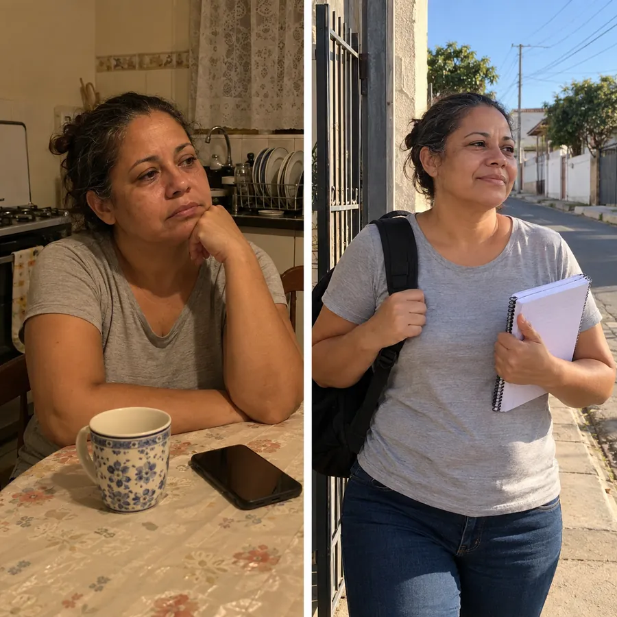 Imagem ilustrativa: mulher sentada sozinha à mesa da cozinha à noite e, ao lado, a mesma mulher saindo pelo portão de manhã com uma mochila e um caderno