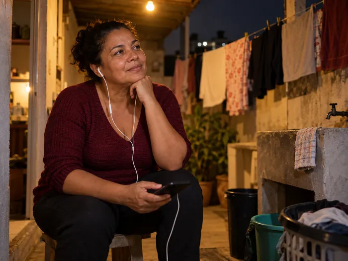 Mulher de blusa vinho à noite, sentada num banquinho na área de serviço, ouvindo o celular com fone de ouvido