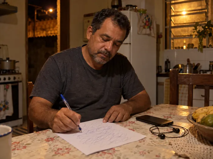 Homem escrevendo numa folha de papel à mesa da cozinha, à noite, com o celular e o fone ao lado