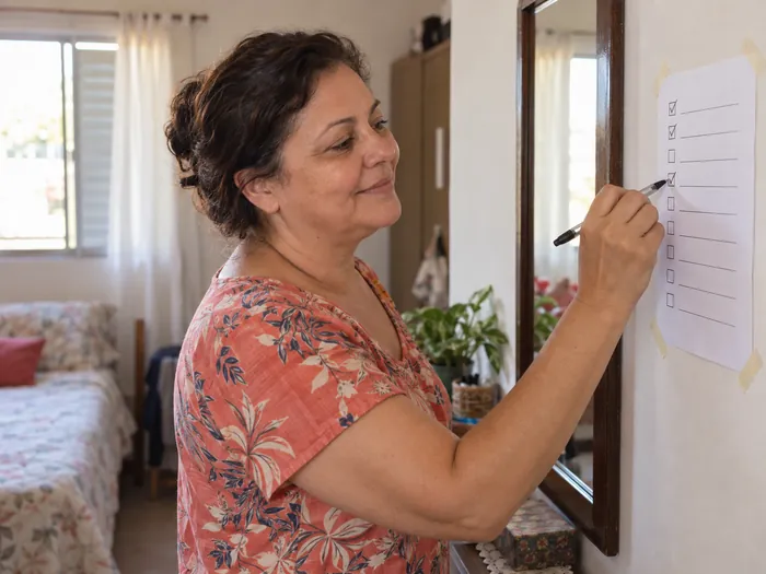 Mulher de blusa florida cor coral marcando com caneta um quadradinho numa folha presa com fita na parede do quarto