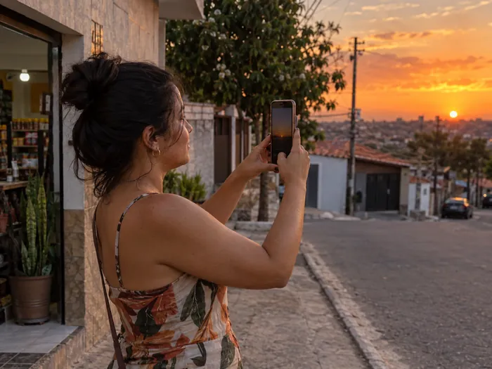 Mulher numa calçada de bairro filmando o pôr do sol com o celular