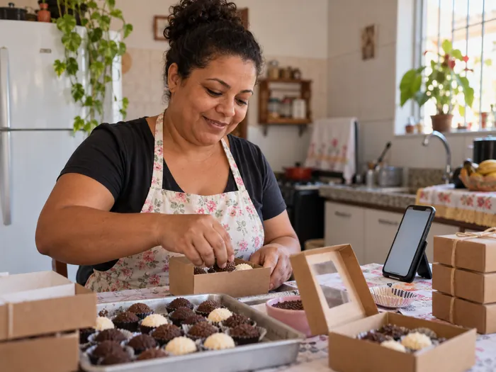 Mulher embalando caixas de doces na cozinha, com o celular apoiado ao lado