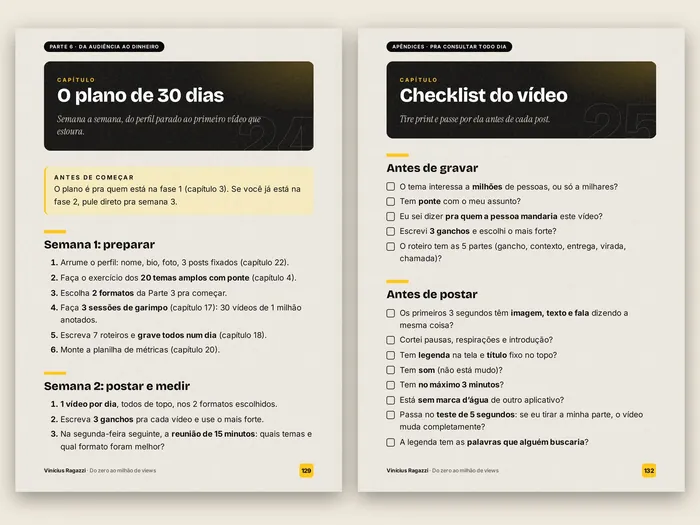 Duas páginas do e-⁠book: o plano de 30 dias semana a semana e o checklist do vídeo