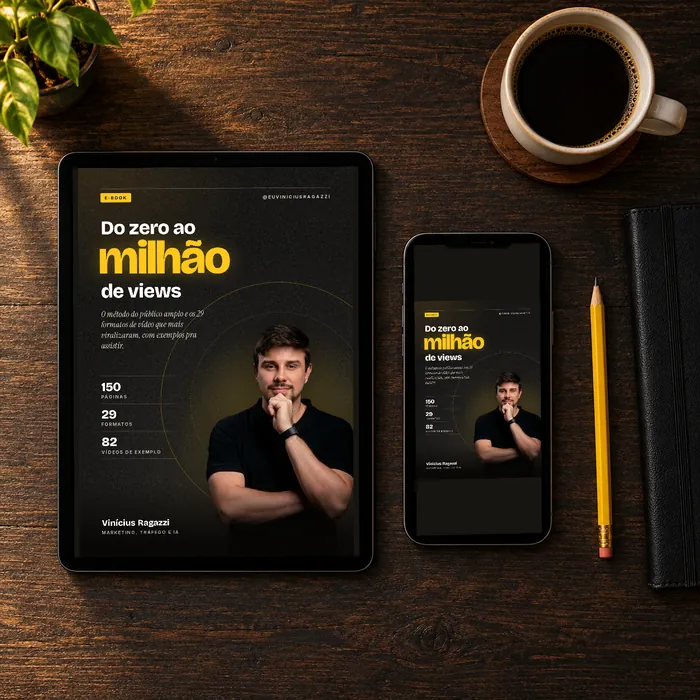 Tablet e celular sobre uma mesa de madeira escura, os dois abertos na capa do e-⁠book com a foto de Vinícius Ragazzi, ao lado de uma xícara de café e um lápis amarelo