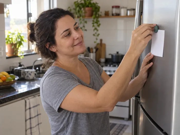Mulher prendendo um bilhete na porta da geladeira de manhã
