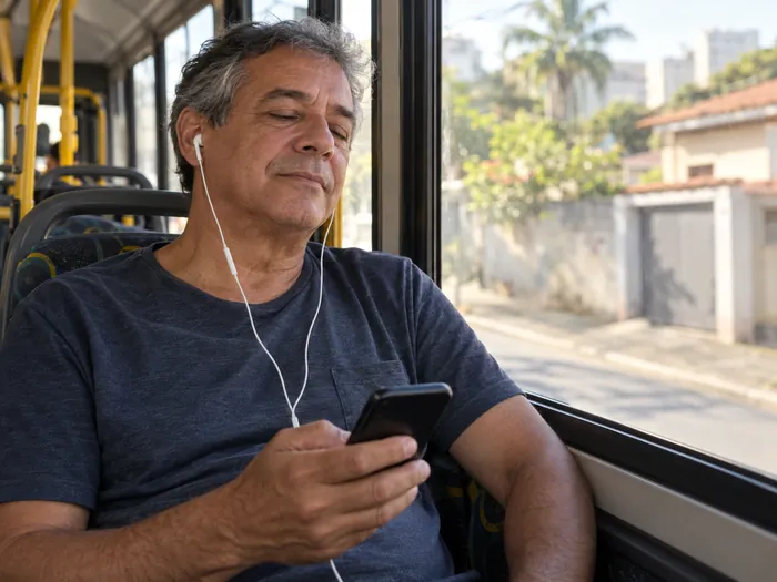 Homem no ônibus de manhã, com fone de ouvido, tranquilo
