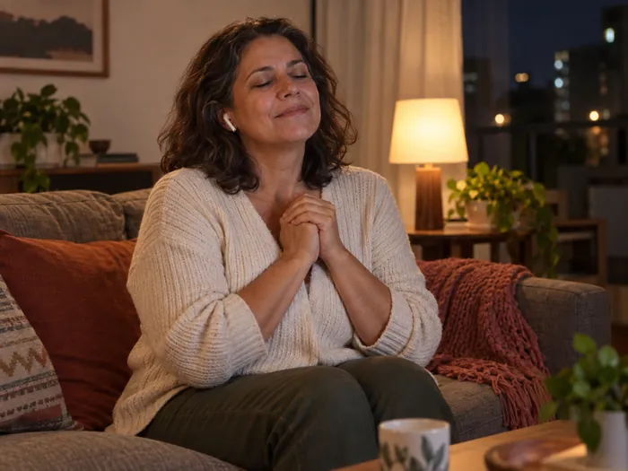 Mulher no sofá à noite, de olhos fechados e mãos juntas, com fone de ouvido