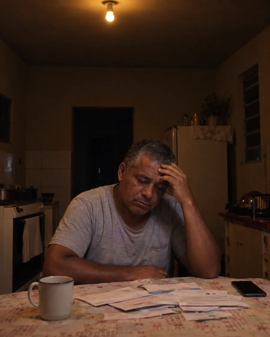 Imagem ilustrativa: homem sentado à mesa da cozinha à noite, com a mão na testa e contas de papel na mesa