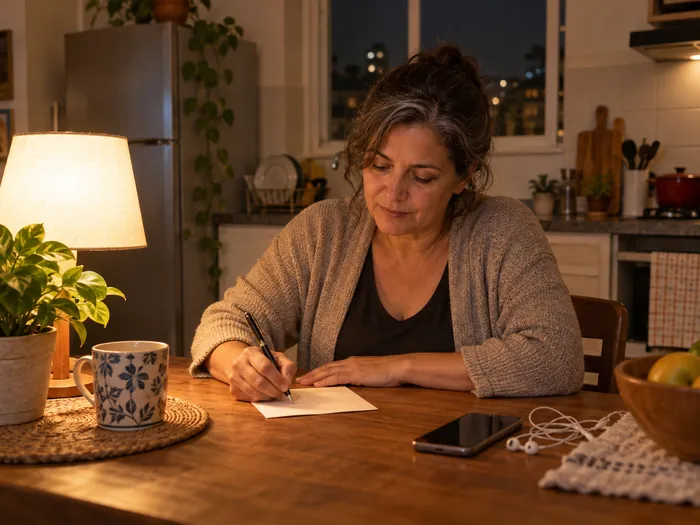 Mulher escrevendo num papel à noite, na mesa da cozinha, com o celular e um fone ao lado