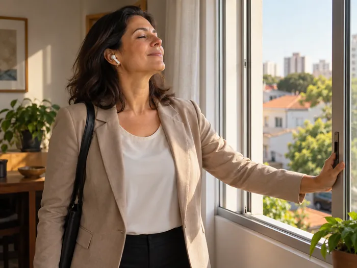 Mulher abrindo a janela de casa de manhã, com fone de ouvido e o sol no rosto