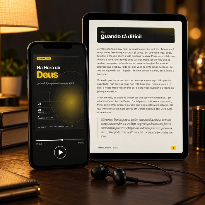 Celular com o reprodutor de áudio mostrando a capa do Na Hora de Deus e, atrás, um tablet aberto na página do dia 1, com um fone de ouvido, sobre uma mesa de madeira escura